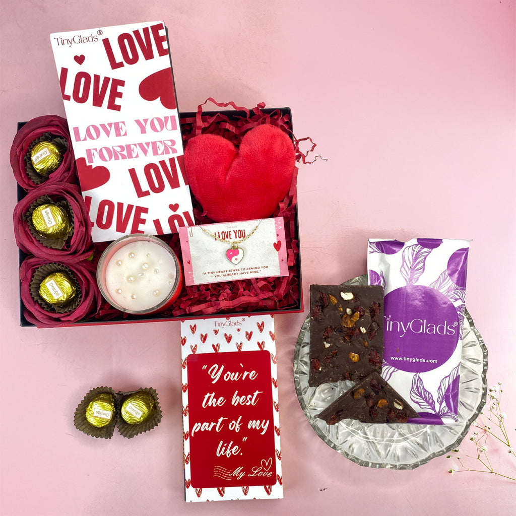 Gourmet All-in-One Valentine chocolate hamper with soft toy, candle, truffles, and heart bracelet