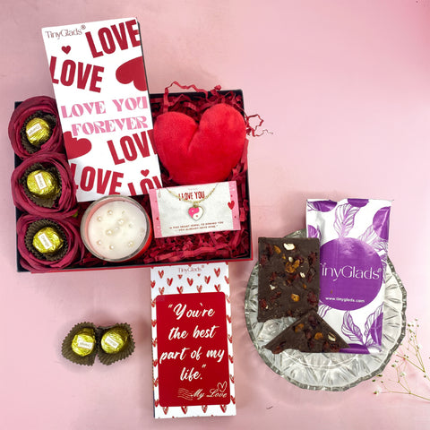 Gourmet All-in-One Valentine chocolate hamper with soft toy, candle, truffles, and heart bracelet