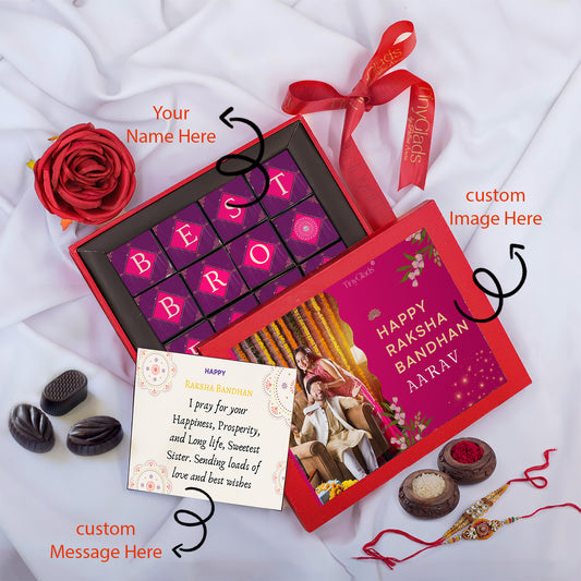 Personalized Rakhi Chocolate Gift Box with Rakhi and Tilak - 12 Luxury Chocolate Truffles with Rich Cocoa