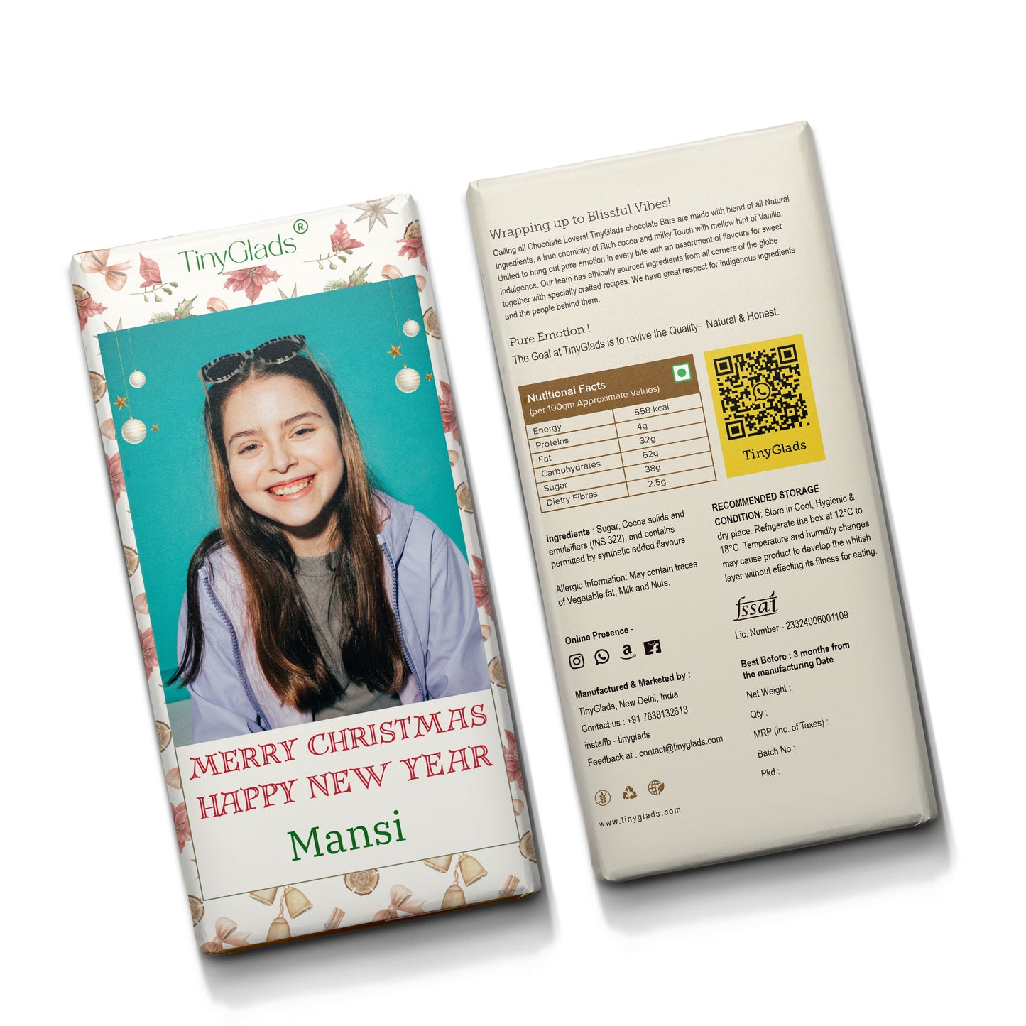 TinyGlads Personalized Holiday Memories Chocolate Bar | Custom Photo | 80g