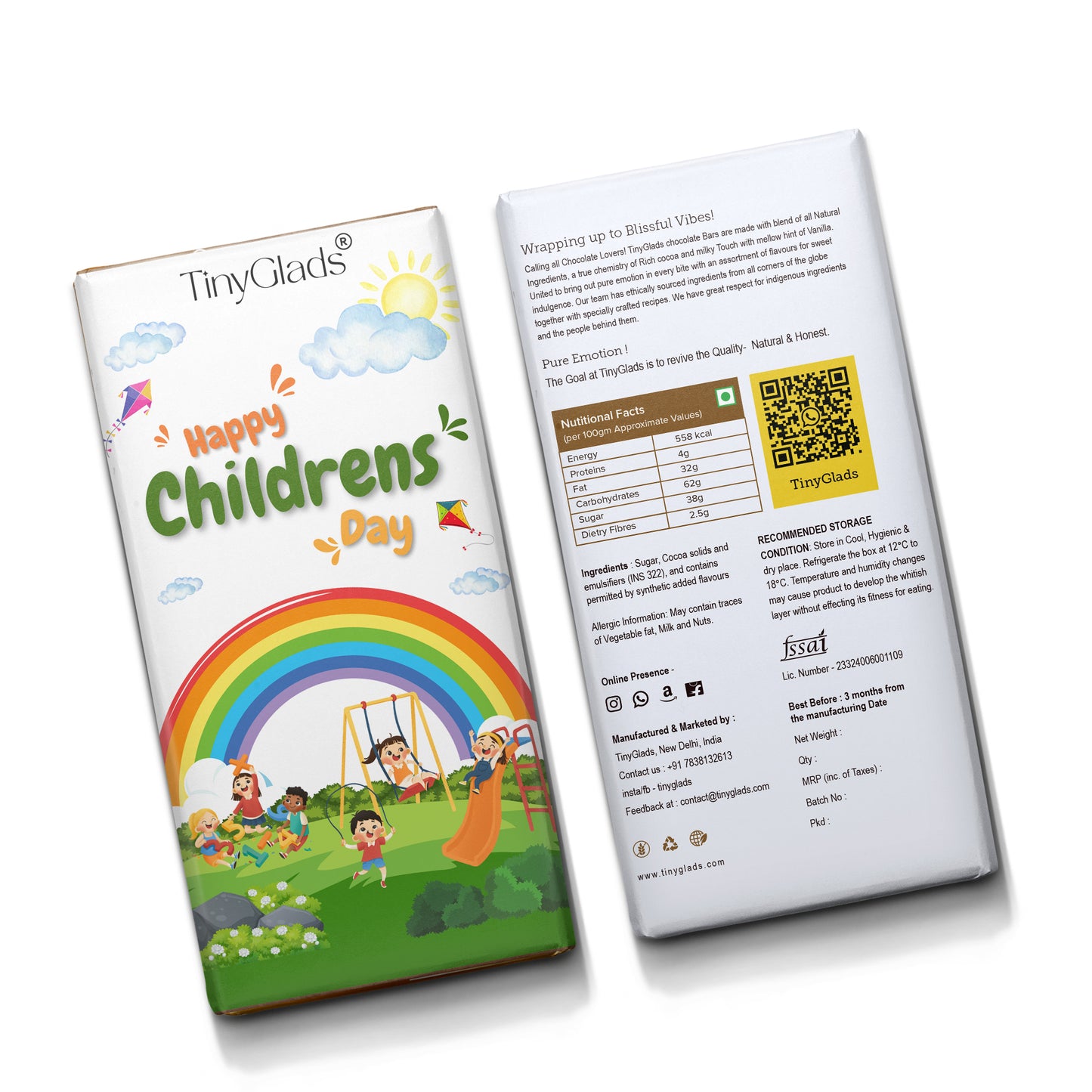 TinyGlads Rainbow Smiles Chocolate Bar | Children's Day Edition | 80g