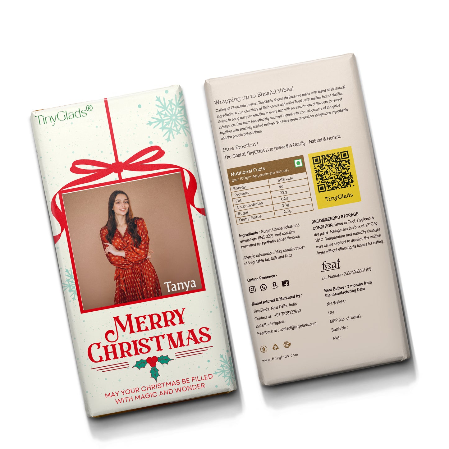 TinyGlads Merry Christmas Photo Chocolate Bar | Personalized | 80g