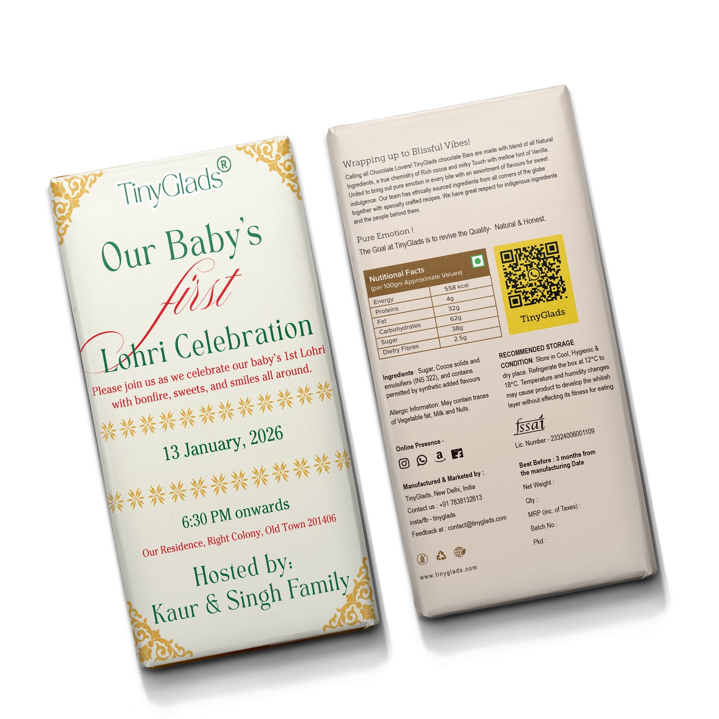 TinyGlads Personalized Baby's First Lohri Chocolate Bar | 80g