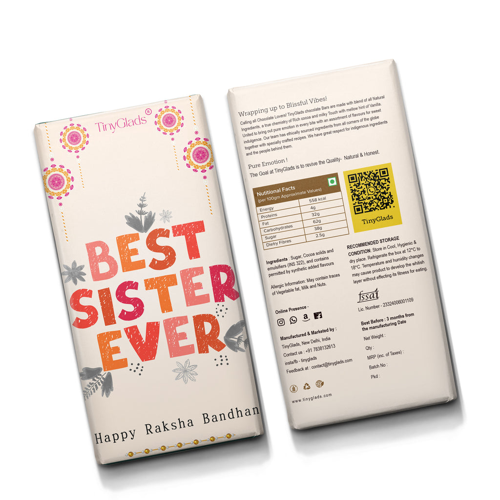 TinyGlads Best Sister Ever Chocolate Bar | Raksha Bandhan Special | 80g