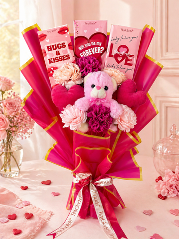 Love You Chocolate Bouquet with Teddy, Heart Soft Toy & Flowers