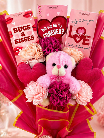 Love You Chocolate Bouquet with Teddy, Heart Soft Toy & Flowers