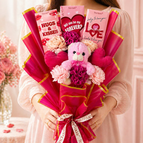Love You Chocolate Bouquet with Teddy, Heart Soft Toy & Flowers