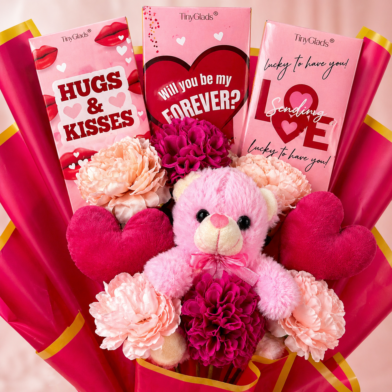 Love You Chocolate Bouquet with Teddy, Heart Soft Toy & Flowers