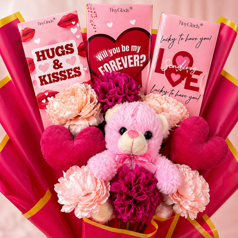 Love You Chocolate Bouquet with Teddy, Heart Soft Toy & Flowers