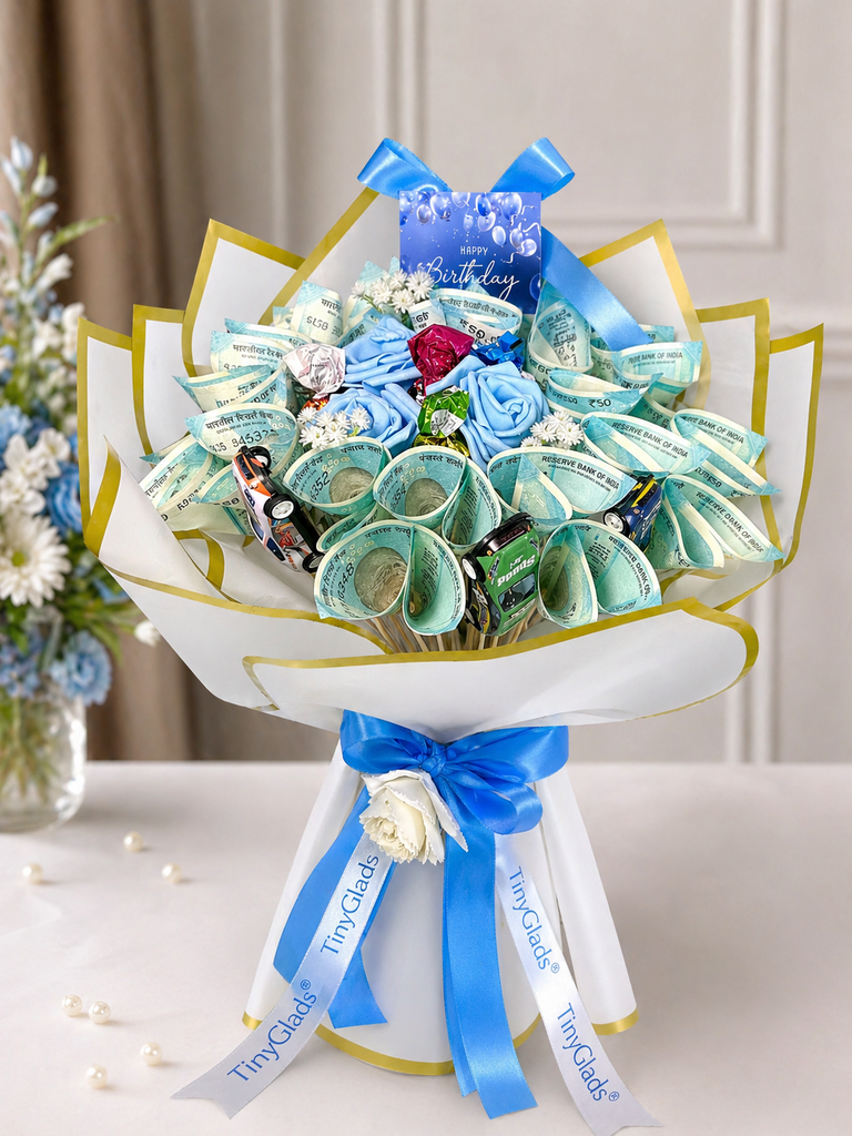 TinyGlads Money Bouquet with Roses & Mini Cars