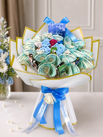 TinyGlads Money Bouquet with Roses & Mini Cars