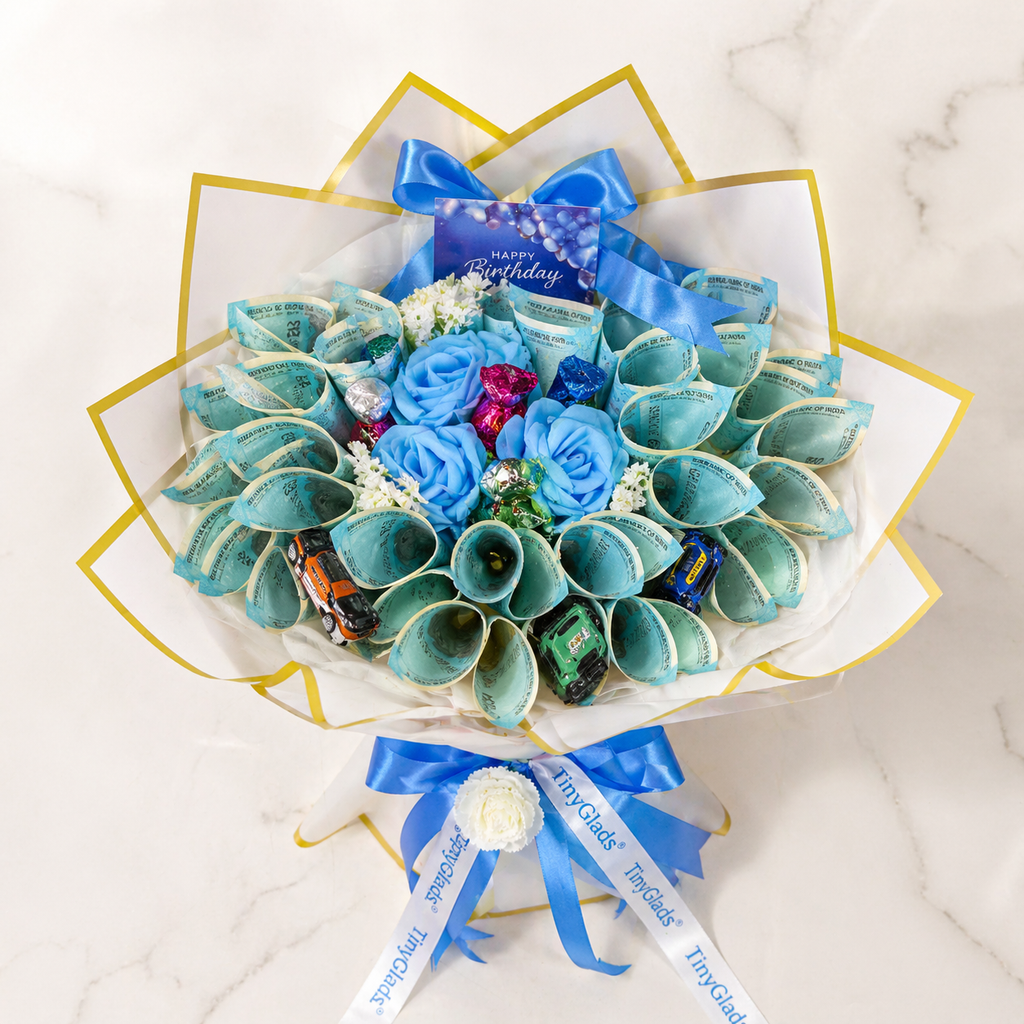 TinyGlads Money Bouquet with Roses & Mini Cars