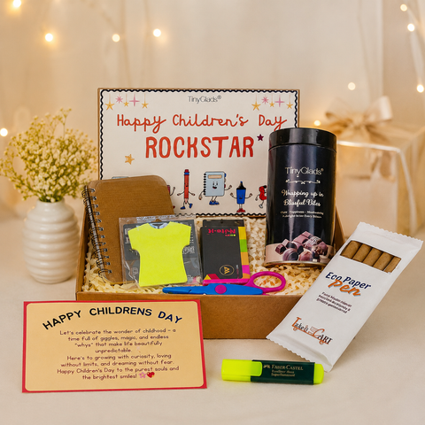 TinyGlads Children's Day Activity & Chocolate Hamper | Stationery Kit, Gourmet Chocolate Jar & Message Card