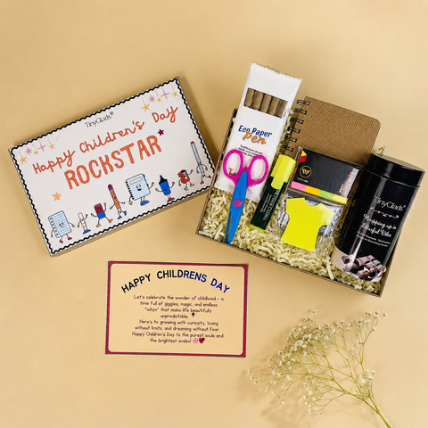 TinyGlads Children's Day Activity & Chocolate Hamper | Stationery Kit, Gourmet Chocolate Jar & Message Card