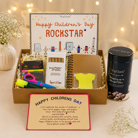 TinyGlads Children's Day Activity & Chocolate Hamper | Stationery Kit, Gourmet Chocolate Jar & Message Card