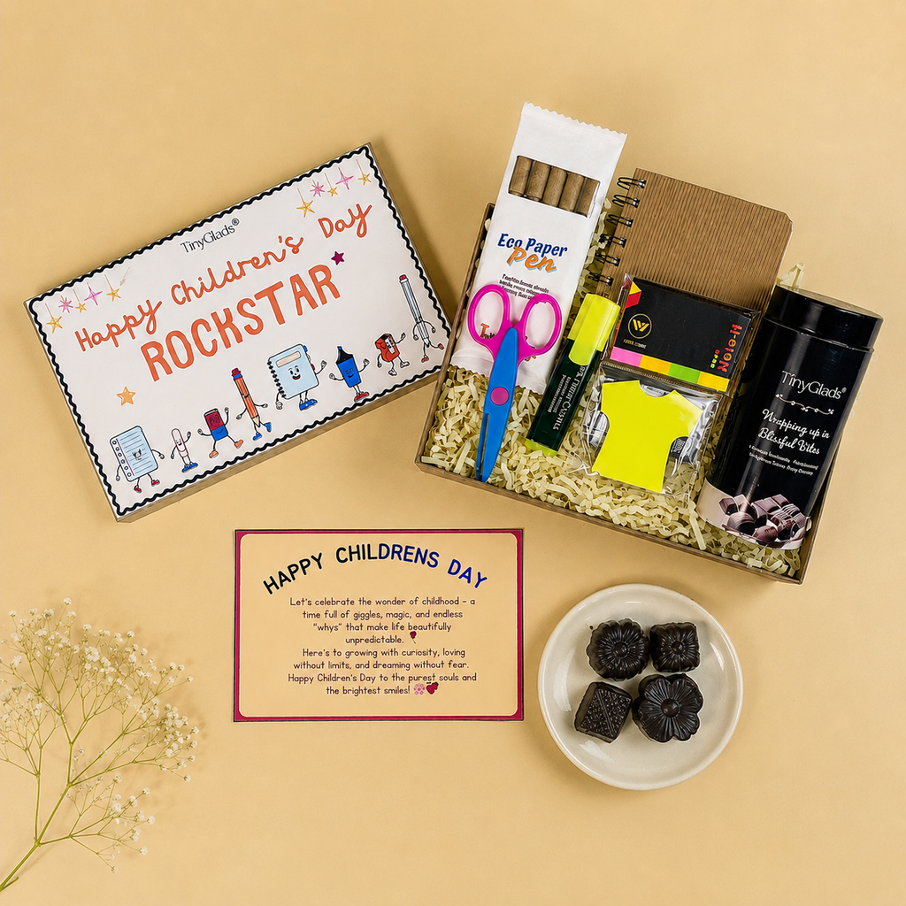 TinyGlads Children's Day Activity & Chocolate Hamper | Stationery Kit, Gourmet Chocolate Jar & Message Card