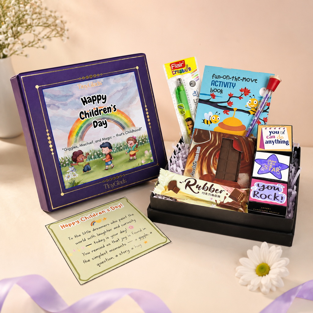 TinyGlads Little Explorer Children's Day Gift Box | Chocolates, Activity Book & Fun Stationery