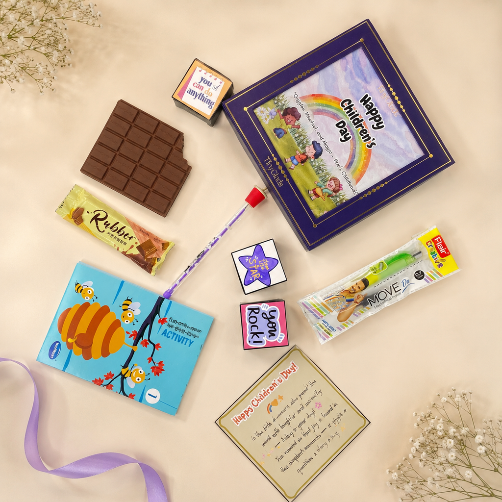 TinyGlads Little Explorer Children's Day Gift Box | Chocolates, Activity Book & Fun Stationery