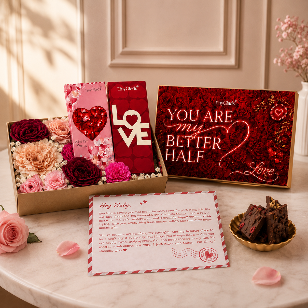TinyGlads You Are My Better Half Chocolate & Flower Gift Box