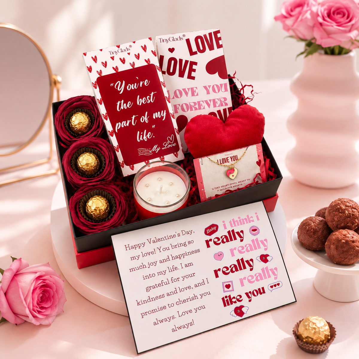 All-in-One Valentine Gift Box with Truffles, Chocolate Bars, Soft Toy ,Candle & Heart Bracelet