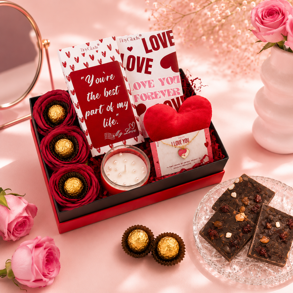 All-in-One Valentine Gift Box with Truffles, Chocolate Bars, Soft Toy ,Candle & Heart Bracelet