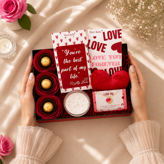 All-in-One Valentine Gift Box with Truffles, Chocolate Bars, Soft Toy ,Candle & Heart Bracelet