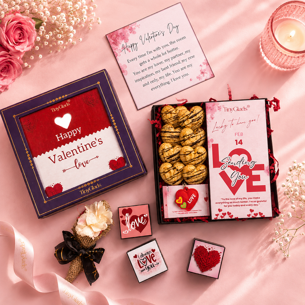 Valentine Surprise Gift Box with Chocolate Bar, Truffles, Cookies & Jute Flower Bouquet