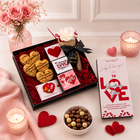 Valentine Surprise Gift Box with Chocolate Bar, Truffles, Cookies & Jute Flower Bouquet