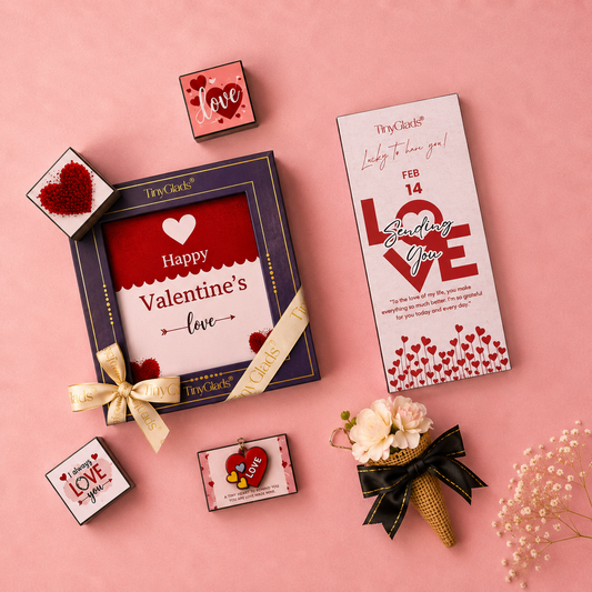 Valentine Surprise Gift Box with Chocolate Bar, Truffles, Cookies & Jute Flower Bouquet