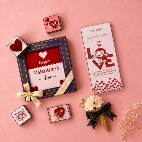Valentine Surprise Gift Box with Chocolate Bar, Truffles, Cookies & Jute Flower Bouquet