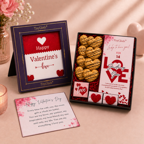 Valentine Surprise Gift Box with Chocolate Bar, Truffles, Cookies & Jute Flower Bouquet