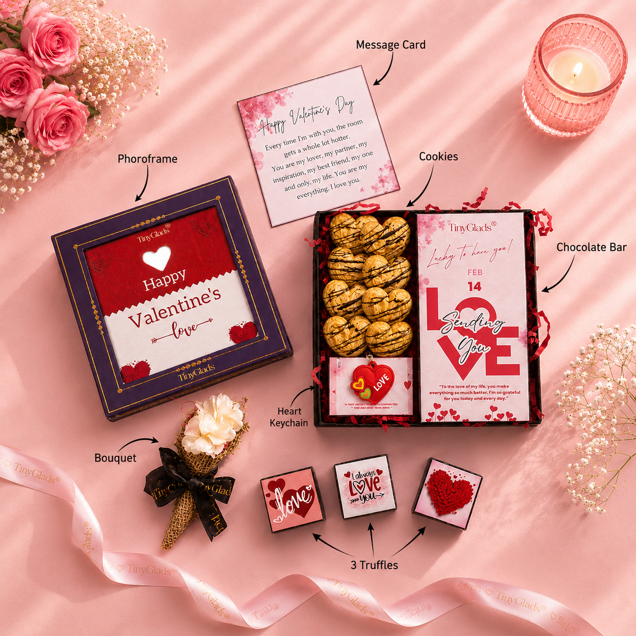 Valentine Surprise Gift Box with Chocolate Bar, Truffles, Cookies & Jute Flower Bouquet