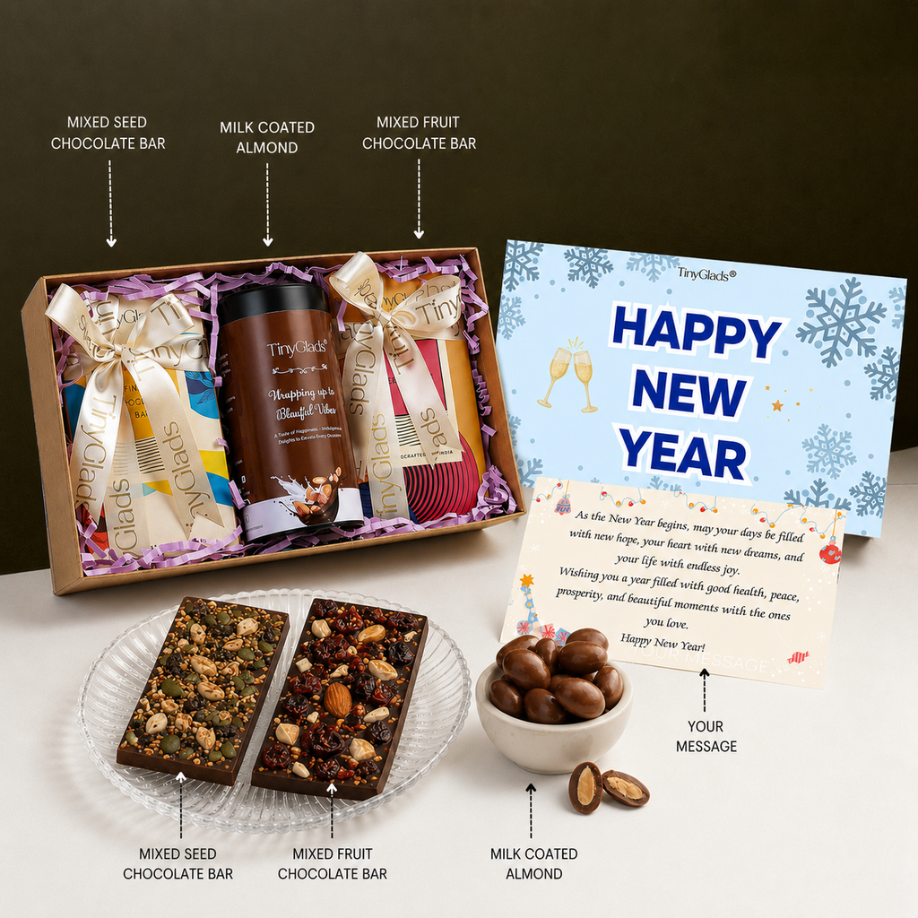 TinyGlads Happy New Year Khadi Chocolate Gift Box | 2 Bars & 1 Jar