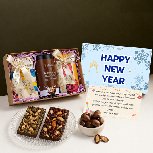 TinyGlads Happy New Year Khadi Chocolate Gift Box | 2 Bars & 1 Jar