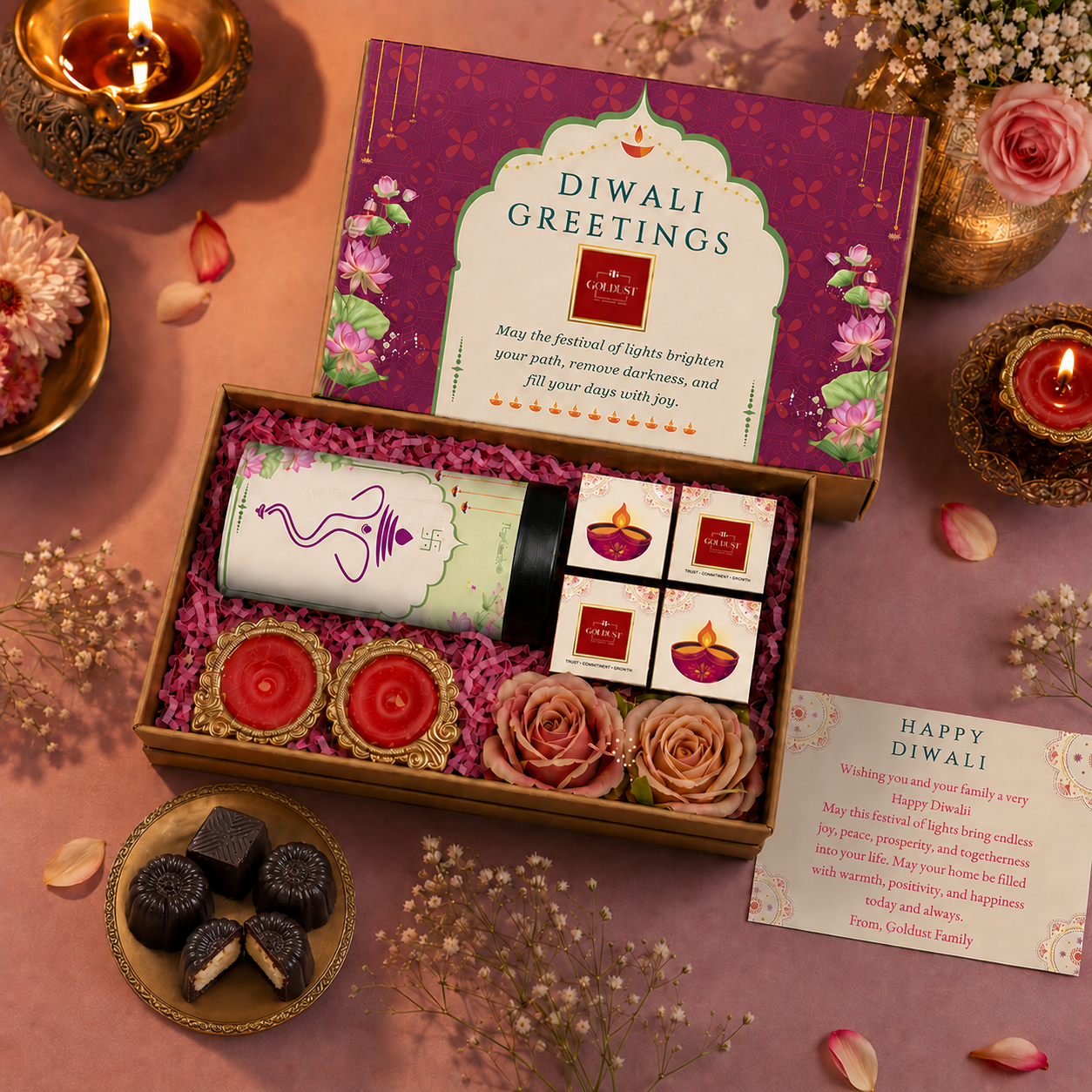 TinyGlads Personalized Corporate Diwali Gift Box | Chocolate Jar, 4 Gourmet Truffles & Diyas