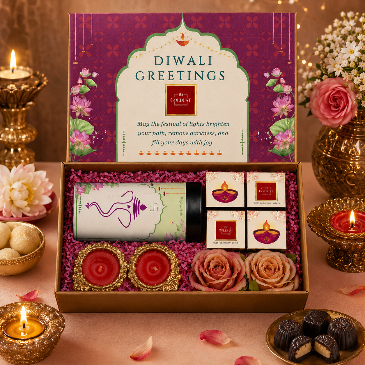 TinyGlads Personalized Corporate Diwali Gift Box | Chocolate Jar, 4 Gourmet Truffles & Diyas