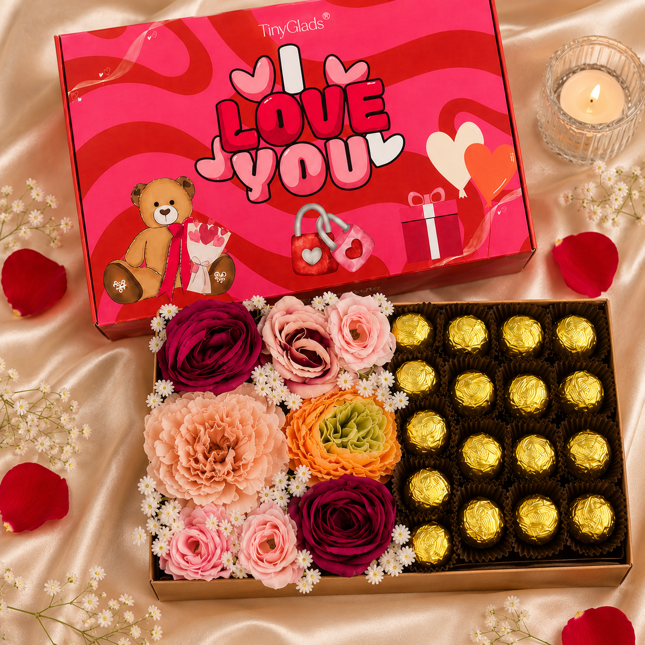 TinyGlads I Love You Chocolate & Flower Gift Box | Chocolate Truffles