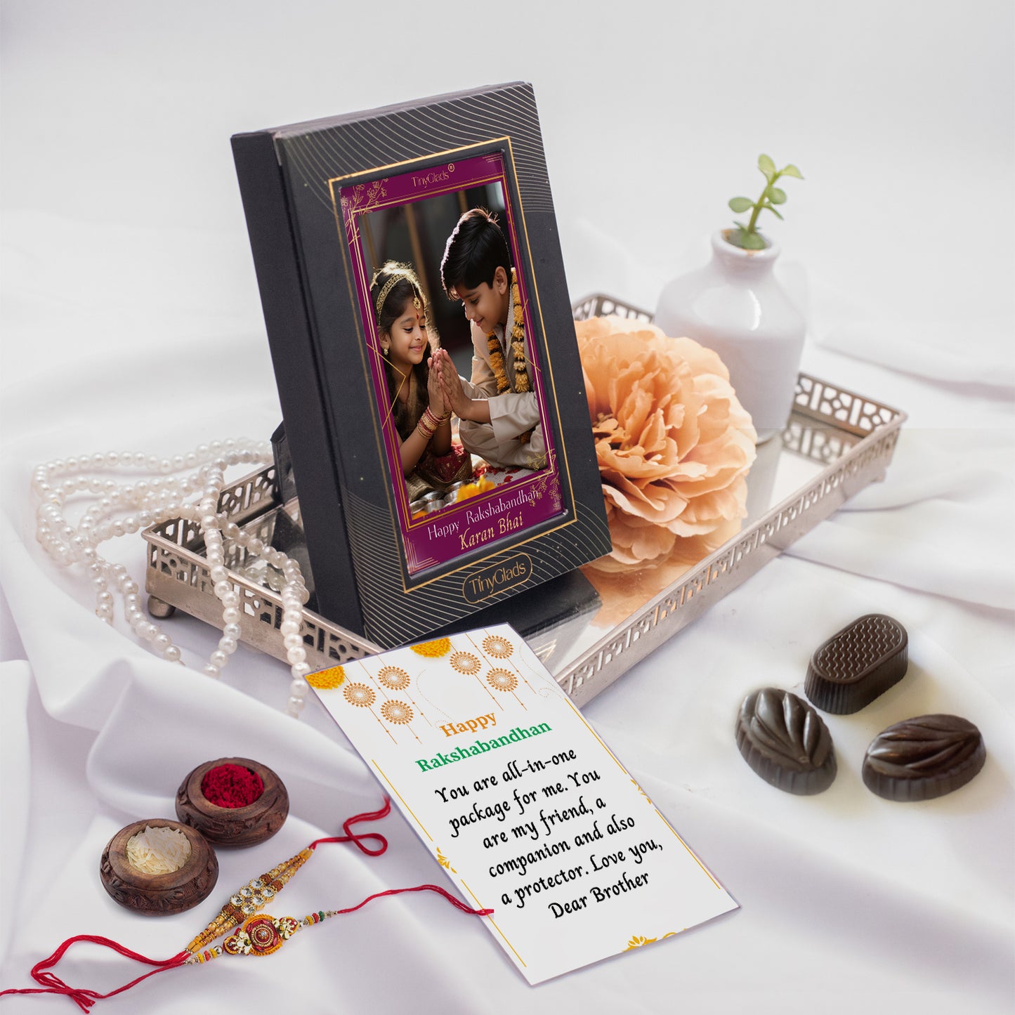 Personalized Photo Frame Raksha Bandhan Chocolate Gift - 6 Chocolate Truffles with Rakhi & Tilak