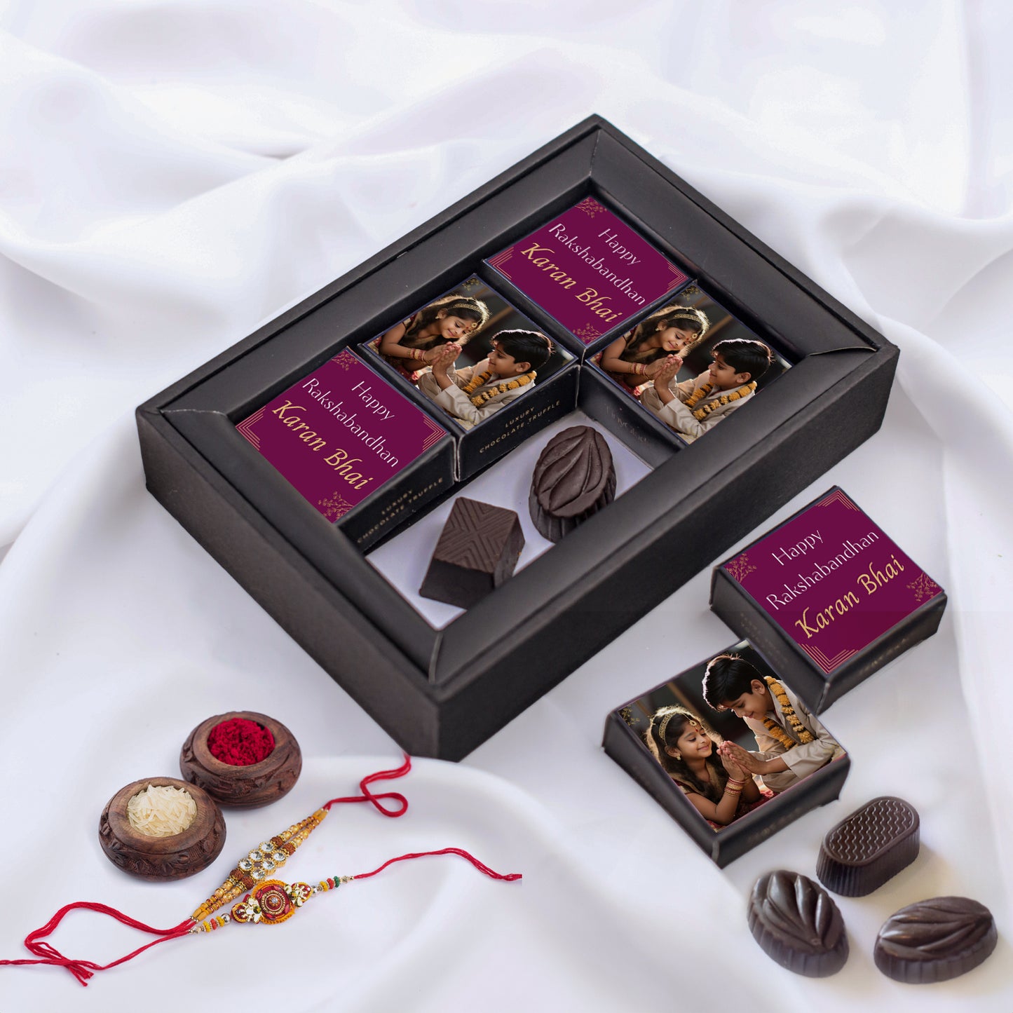 Personalized Photo Frame Raksha Bandhan Chocolate Gift - 6 Chocolate Truffles with Rakhi & Tilak