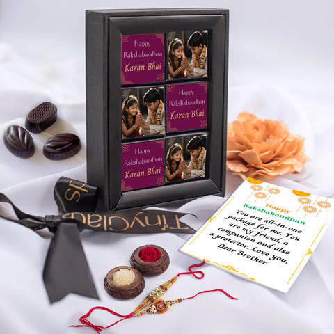 Personalized Photo Frame Raksha Bandhan Chocolate Gift - 6 Chocolate Truffles with Rakhi & Tilak