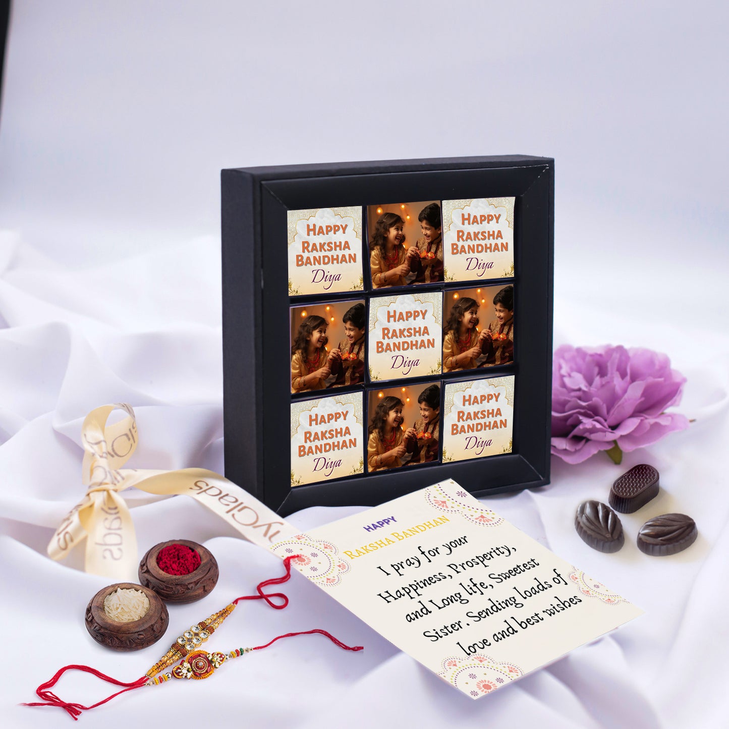 Photo frame Raksha Bandhan Chocolate Gift Box with Rakhi & Tilak - 9 Chocolate Truffles