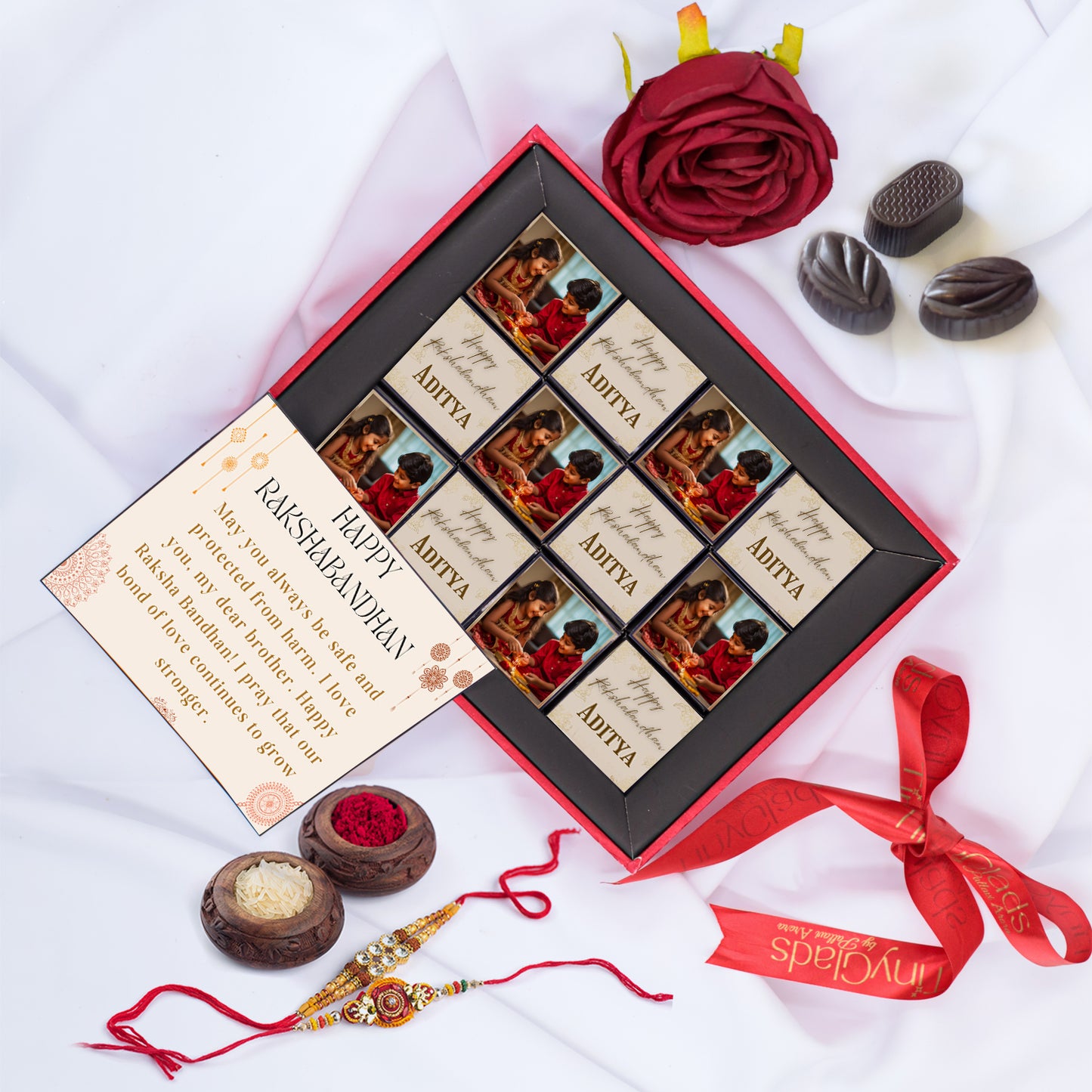 Happy Raksha Bandhan Chocolate Gift Box - Photo frame with 12 Chocolate Truffles, Rakhi and Tilak