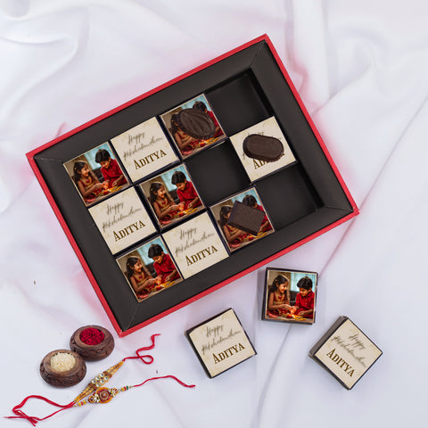 Happy Raksha Bandhan Chocolate Gift Box - Photo frame with 12 Chocolate Truffles, Rakhi and Tilak