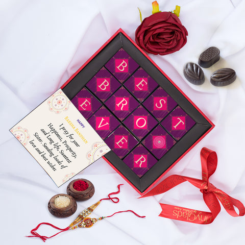 Personalized Rakhi Chocolate Gift Box with Rakhi and Tilak - 12 Luxury Chocolate Truffles with Rich Cocoa