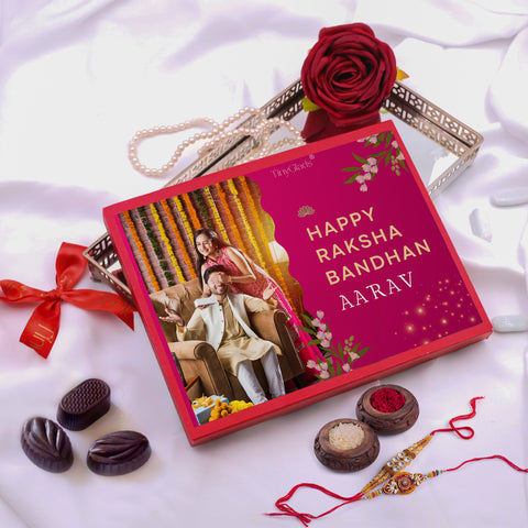 Personalized Rakhi Chocolate Gift Box with Rakhi and Tilak - 12 Luxury Chocolate Truffles with Rich Cocoa